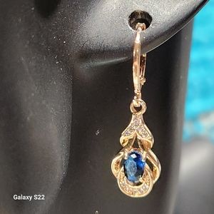 Deep Blue Zircon Drop Earrings Synthetic Sapphire Earrings 18K Gold Plated NWT
